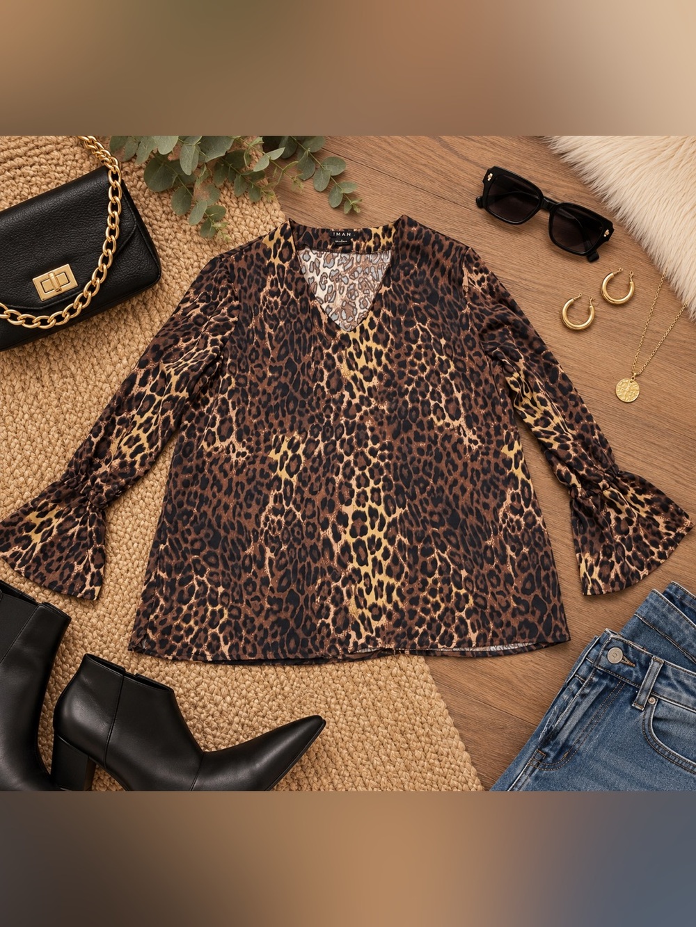 IMAN Women’s L Leopard Print Bell Sleeve V-Neck Blouse Brown Black